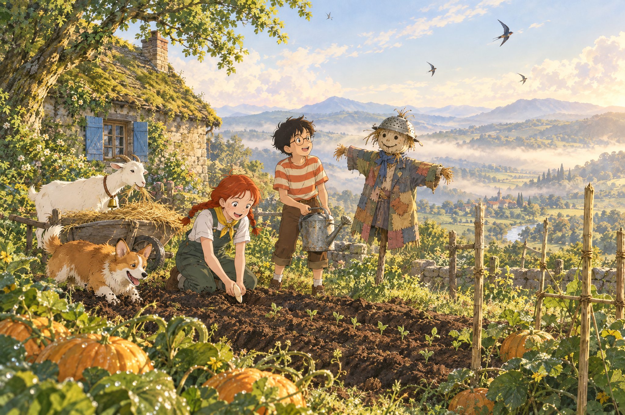 Wren kneels in a freshly dug pumpkin bed pressing in a seed while Tomo pours water from a tin watering can, beside a patchwork scarecrow with a colander hat, a stone cottage with blue shutters, a goat munching straw and a corgi digging.