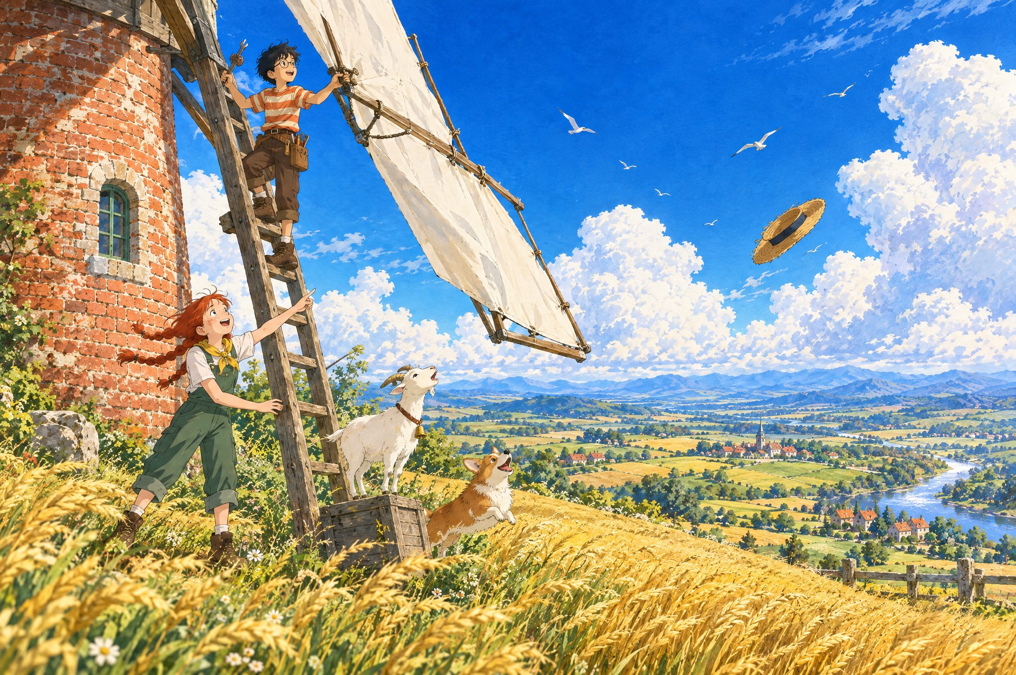 Tomo stands high on a wooden ladder fixing the canvas sail of an old red-brick windmill while Wren steadies the ladder and points up, the goat on a crate and the corgi leaping after a straw hat blown away over golden wheat.