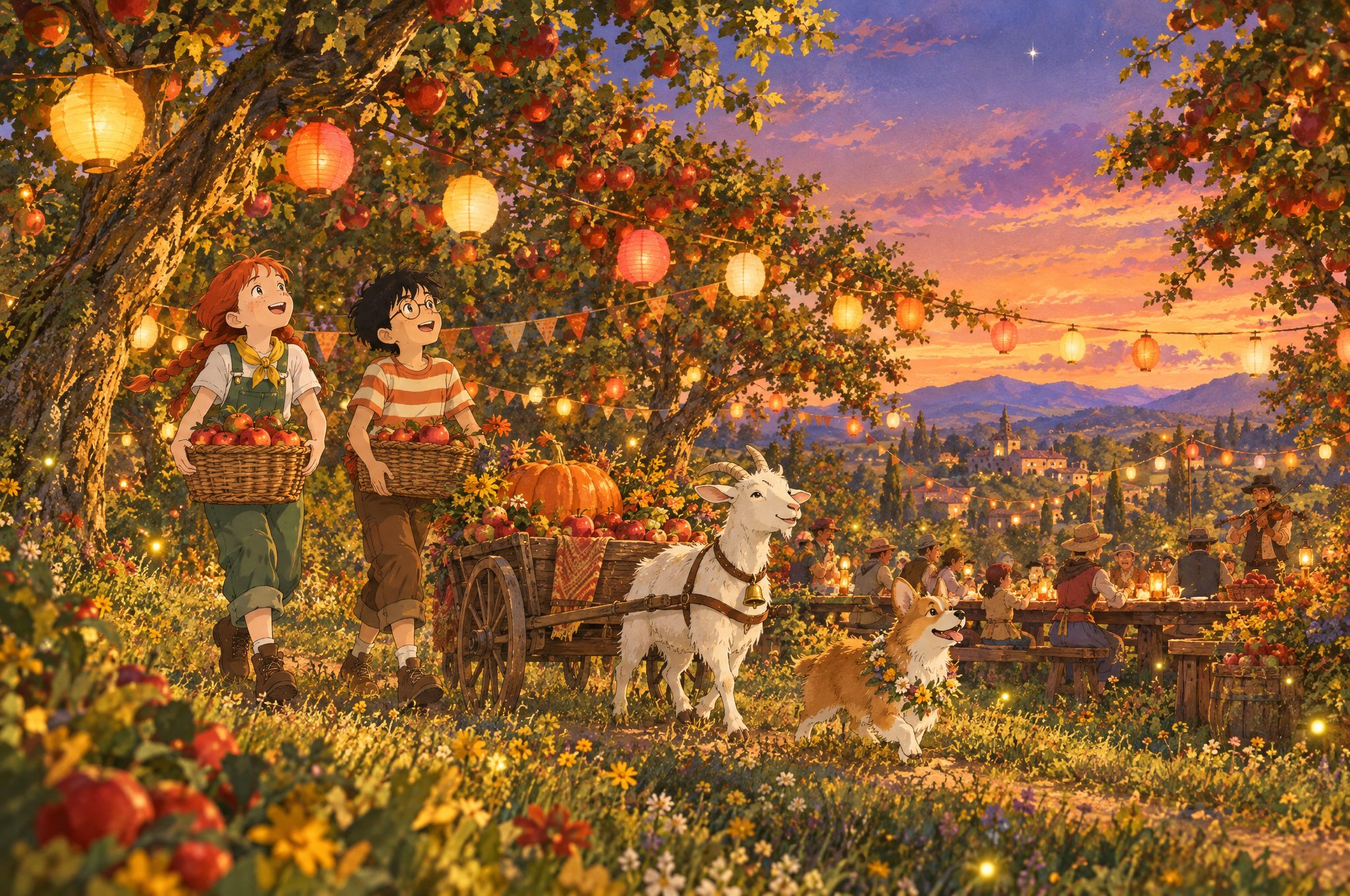 At dusk in an apple orchard strung with glowing paper lanterns, Wren and Tomo carry baskets of red apples beside a cart with a giant pumpkin pulled by the goat, the corgi trotting ahead in a flower garland past villagers at long tables and a fiddler.